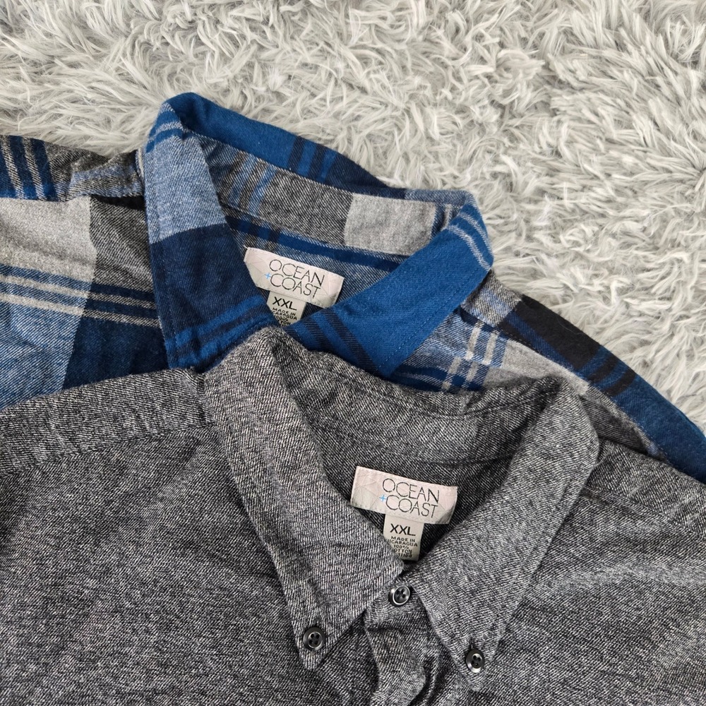 Ocean + Coast Men XXL Blue Grey Plaid Solid Cotton Flannel Button Down Shirt 2pk